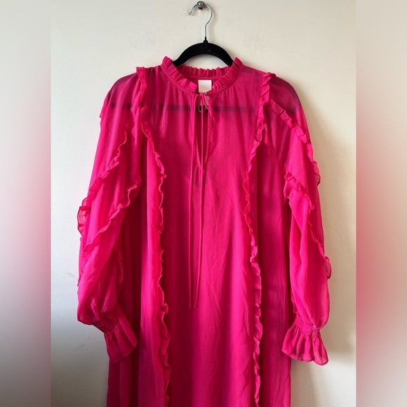 H&M Modest Chiffon Maxi Dress Cerise Pink A-Line Long Sleeve Ruffles XS - Picture 7 of 13